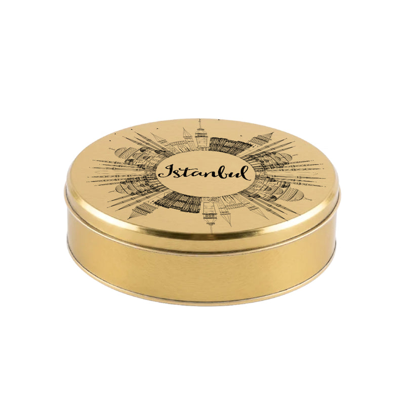 25 Adet İstanbul Konseptli Yuvarlak Metal Kutu – 21.5 cm Çap / 5.5 cm Yükseklik