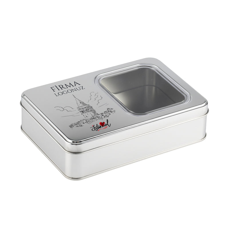 60 Adet İstanbul Konseptli Pencereli Dikdörtgen Metal Kutu - 13.5 cm x 19 cm x 4 cm