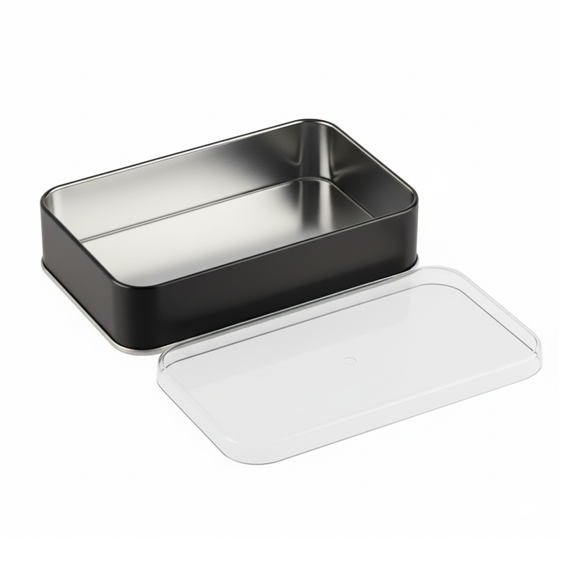 100 Adet Kristal Kapaklı Siyah Metal Kutu - 10.3 cm x 16.6 cm x 4 cm