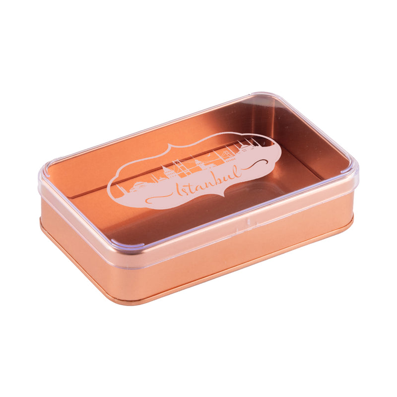 100 Adet Kristal Kapaklı İstanbul Konseptli Bakır Metal Kutu - 10.3 cm x 16.6 cm x 4 cm