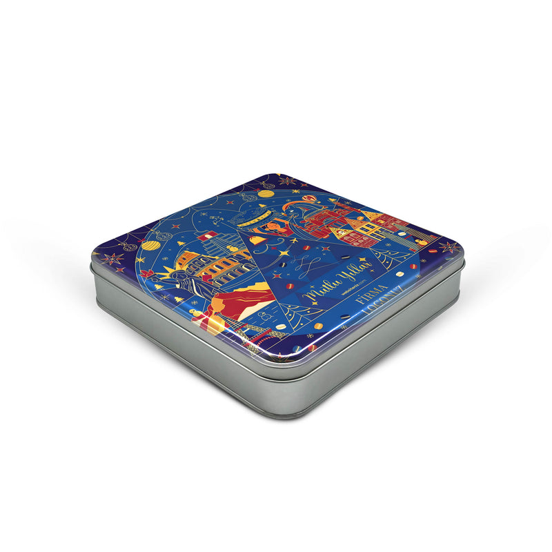 108 Adet Yılbaşı Temalı Baskılı Kare Metal Kutu – 21.5cm x 21.5cm x 4cm