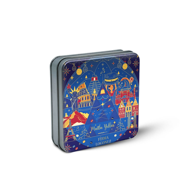 108 Adet Yılbaşı Temalı Baskılı Kare Metal Kutu – 21.5cm x 21.5cm x 4cm