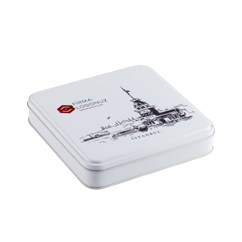 36 Adet İstanbul Konseptli Kare Metal Kutu - 21.5 cm x 21.5 cm x 4 cm