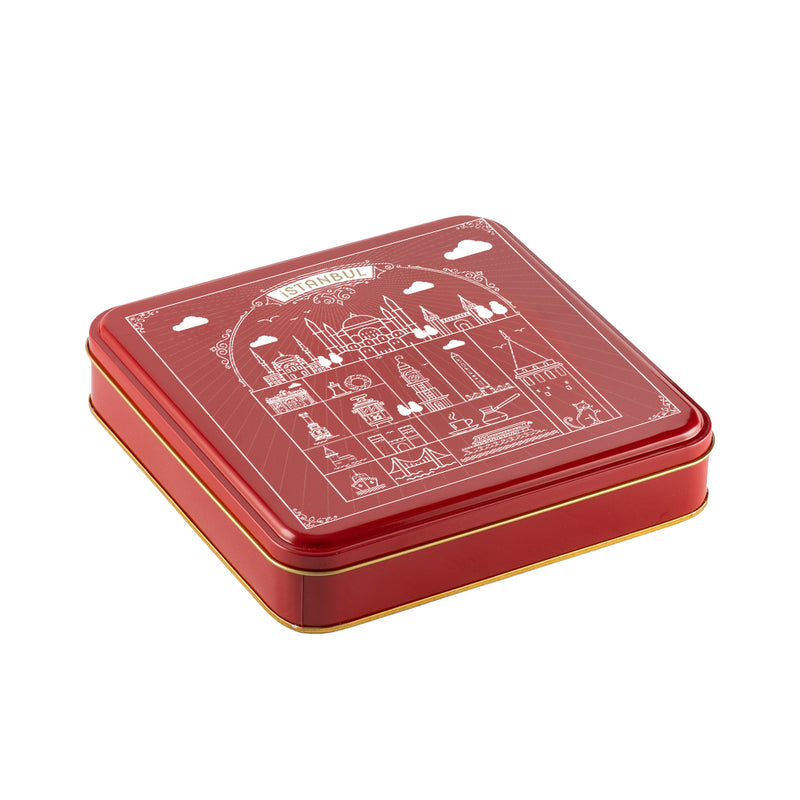 36 Adet İstanbul Konseptli Kare Metal Kutu - 21.5 cm x 21.5 cm x 4 cm