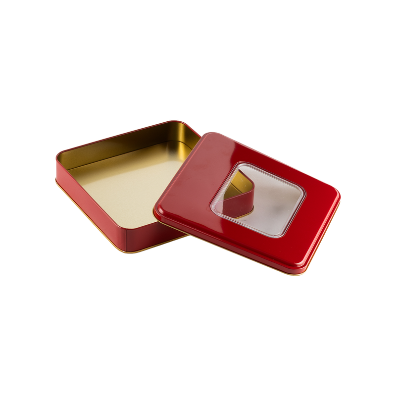 72 Adet Pencereli Kırmızı Kare Metal Kutu - 21.5 cm x 21.5 cm x 4 cm