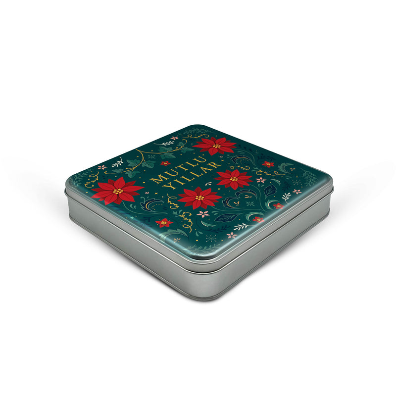 144 Adet Yılbaşı Temalı Baskılı Kare Metal Kutu – 16cm x 16cm x 4cm