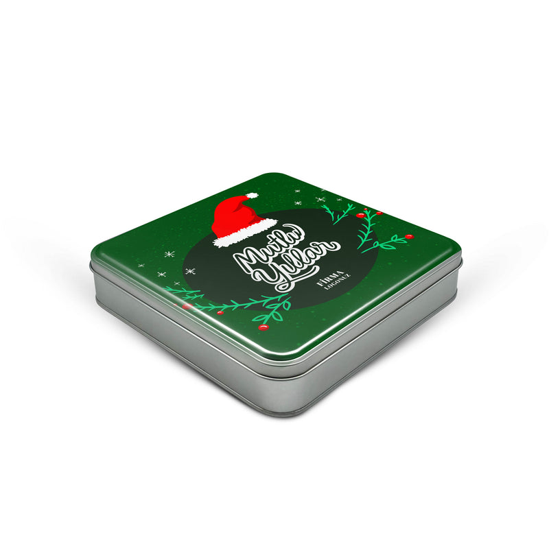 108 Adet Yılbaşı Temalı Baskılı Kare Metal Kutu – 21.5cm x 21.5cm x 4cm