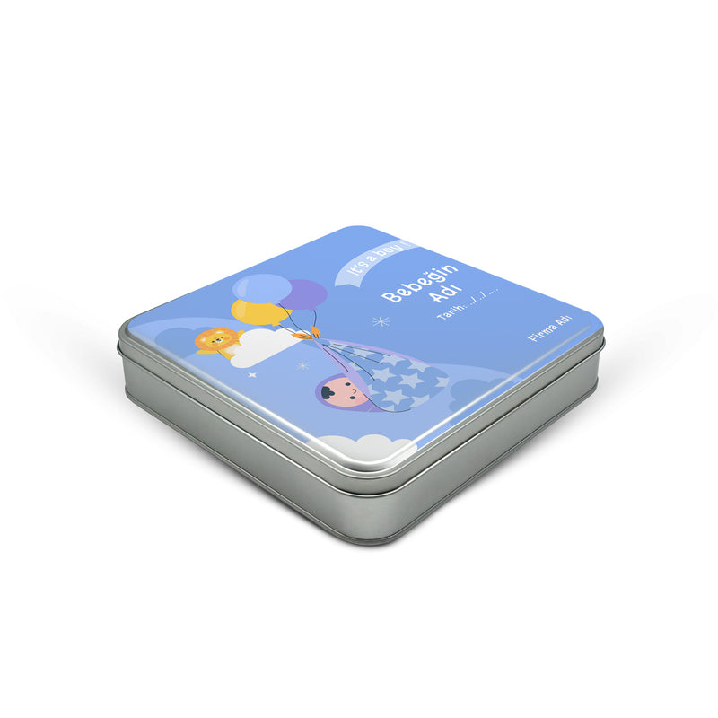216 Adet Baby Shower Temalı Baskılı Kare Metal Kutu – 21.5 cm x 21.5 cm x 4 cm