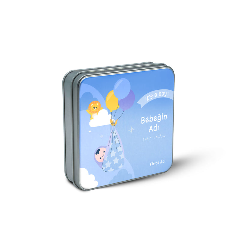 216 Adet Baby Shower Temalı Baskılı Kare Metal Kutu – 21.5 cm x 21.5 cm x 4 cm