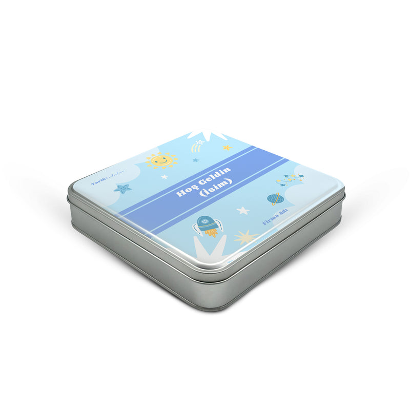 216 Adet Baby Shower Temalı Baskılı Kare Metal Kutu – 21.5 cm x 21.5 cm x 4 cm