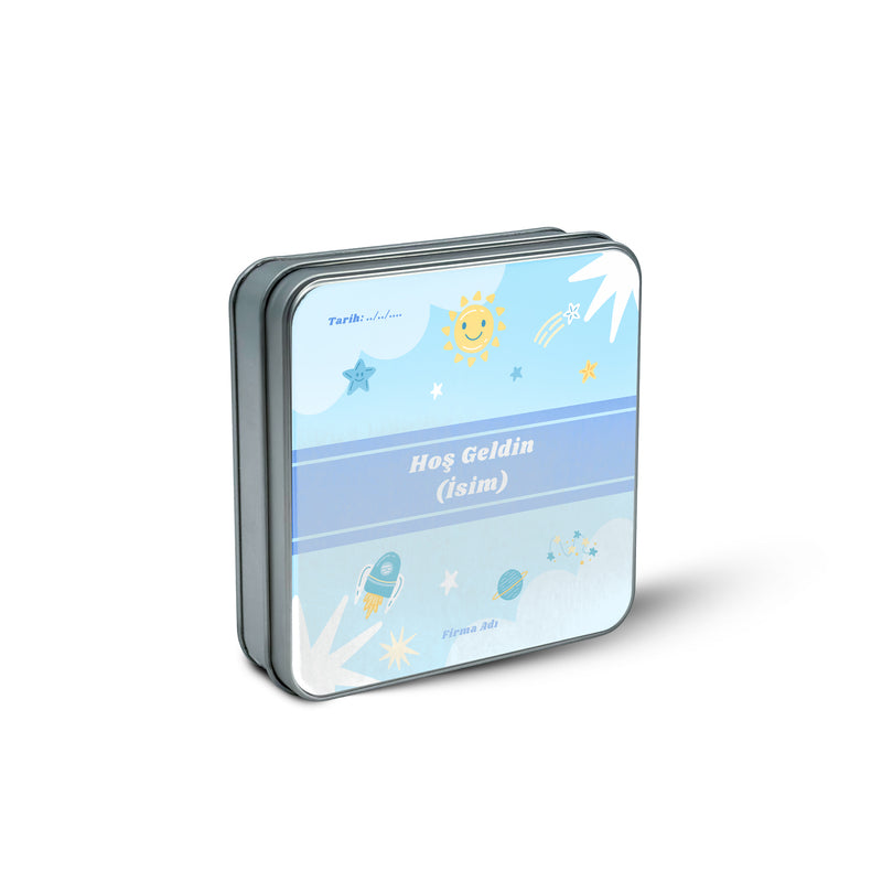 216 Adet Baby Shower Temalı Baskılı Kare Metal Kutu – 21.5 cm x 21.5 cm x 4 cm