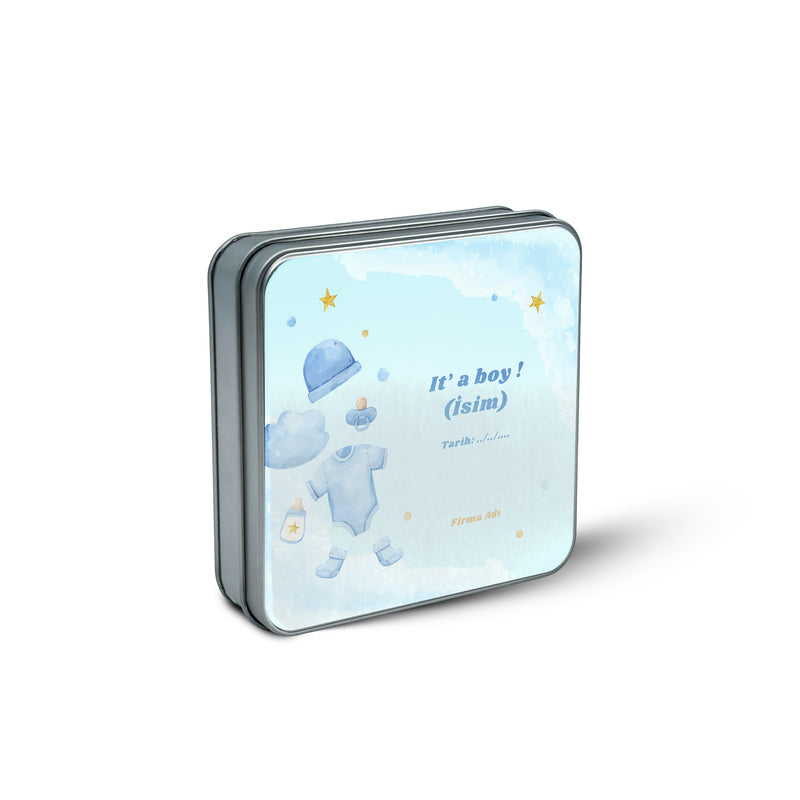 216 Adet Baby Shower Temalı Baskılı Kare Metal Kutu – 21.5 cm x 21.5 cm x 4 cm