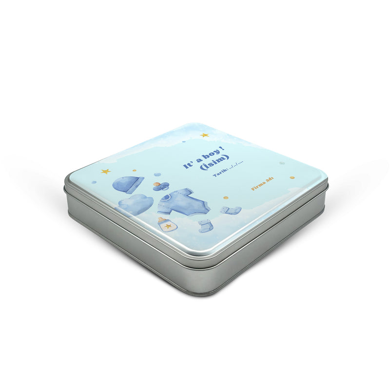 216 Adet Baby Shower Temalı Baskılı Kare Metal Kutu – 21.5 cm x 21.5 cm x 4 cm