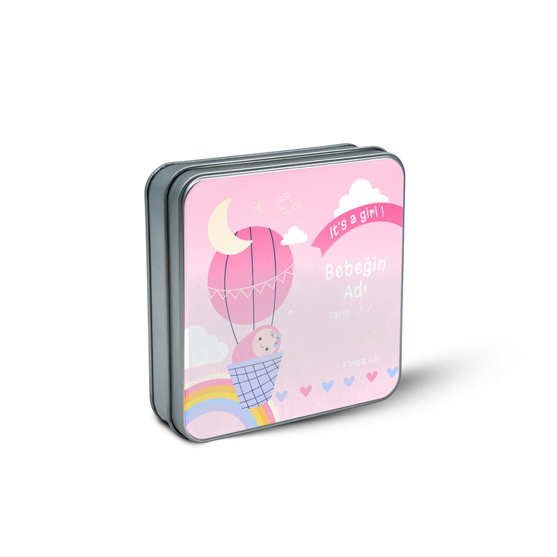 216 Adet Baby Shower Temalı Baskılı Kare Metal Kutu – 21.5 cm x 21.5 cm x 4 cm