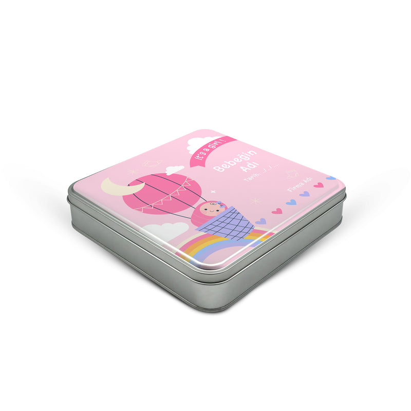 216 Adet Baby Shower Temalı Baskılı Kare Metal Kutu – 21.5 cm x 21.5 cm x 4 cm