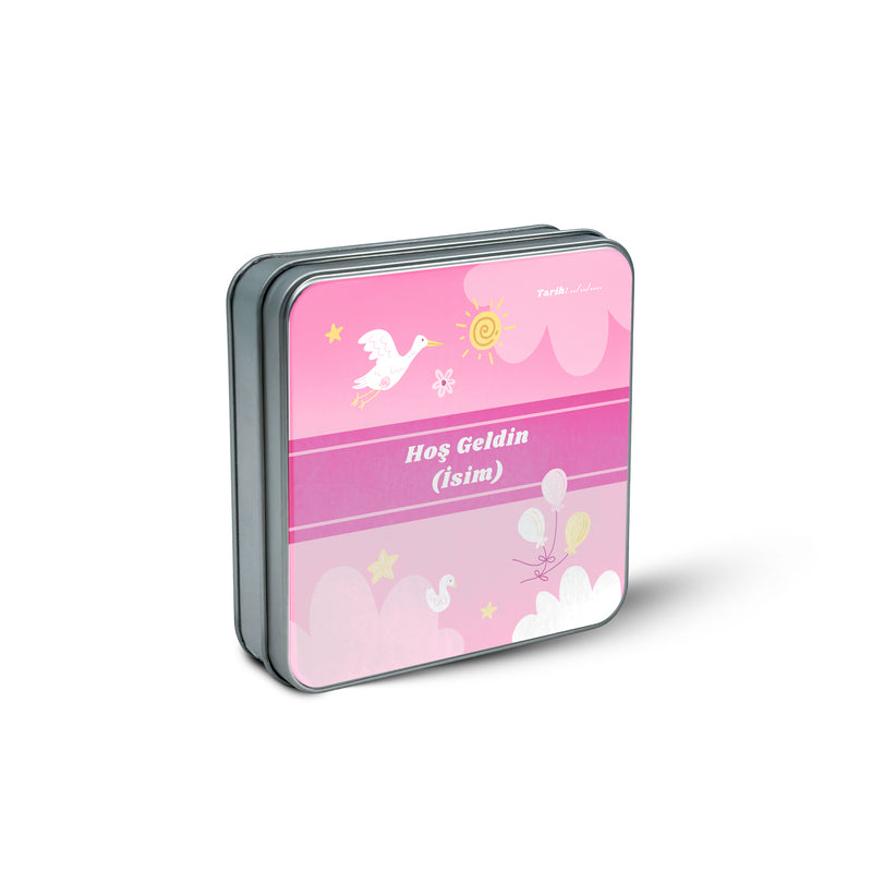 216 Adet Baby Shower Temalı Baskılı Kare Metal Kutu – 21.5 cm x 21.5 cm x 4 cm