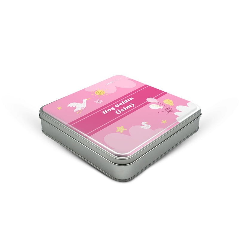 216 Adet Baby Shower Temalı Baskılı Kare Metal Kutu – 21.5 cm x 21.5 cm x 4 cm